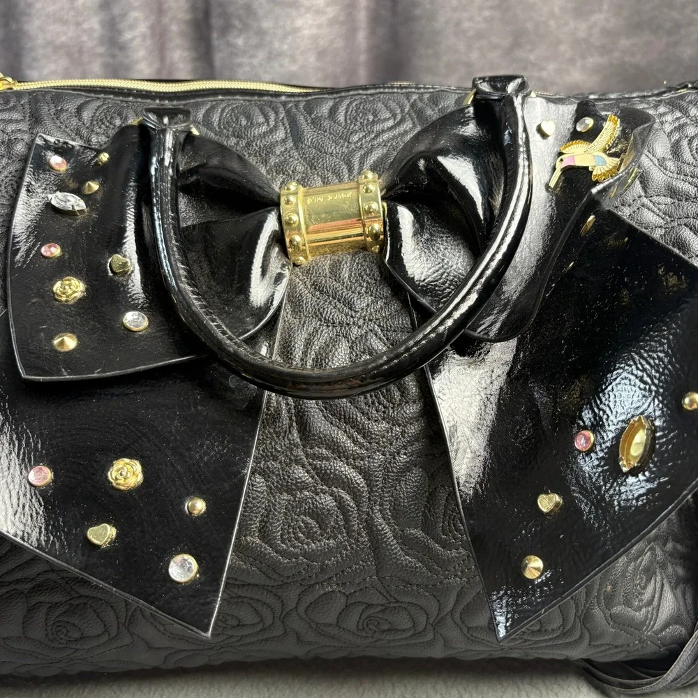 Betsey Johnson Black Rose Embossed Satchel Bag with Oversized Studded Bow